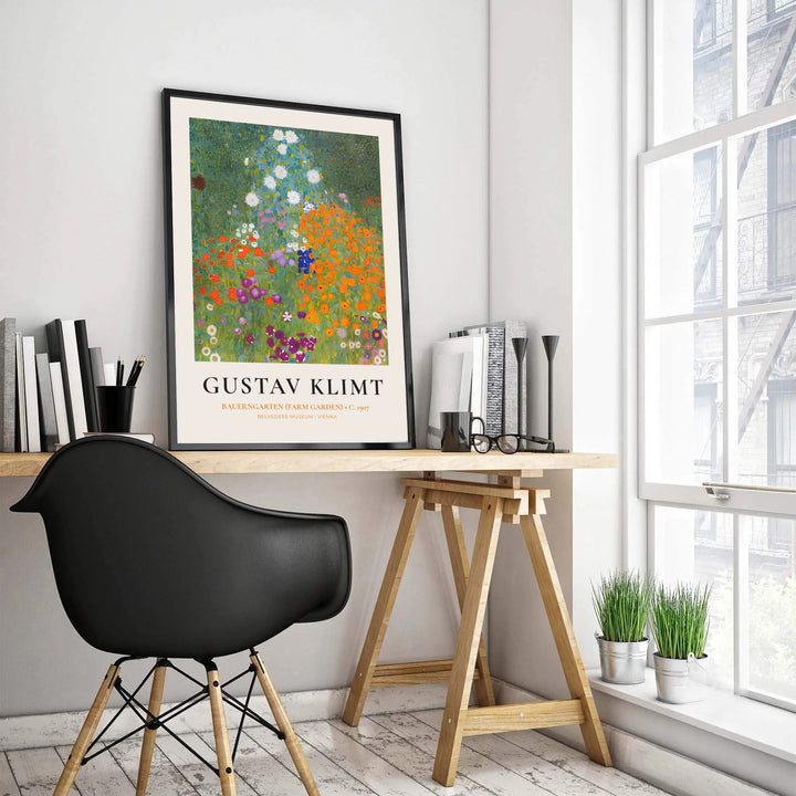 Historical Austrian exhibition print of Gustav Klimt Bauerngarten Farm Garden 1907 featuring jewel-toned floral details from Vienna, Austria. Choose custom framed wall art, unframed paper poster prints, or gallery canvas formats at MapYourDreams for a modern gallery wall setup.