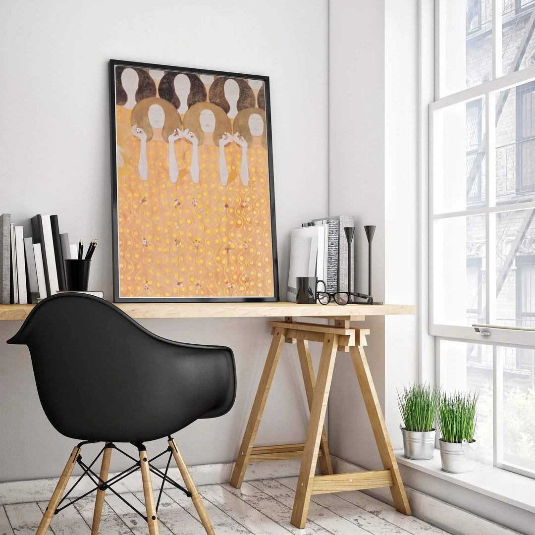 Scenic golden mural poster print of Gustav Klimt Beethoven Frieze Secession Building Vienna 1902 set in the historic Secession Building in Vienna, Austria. MapYourDreams features high-quality framed wall decor, unframed prints, and stretched canvas options ideal for dining room wall decoration.