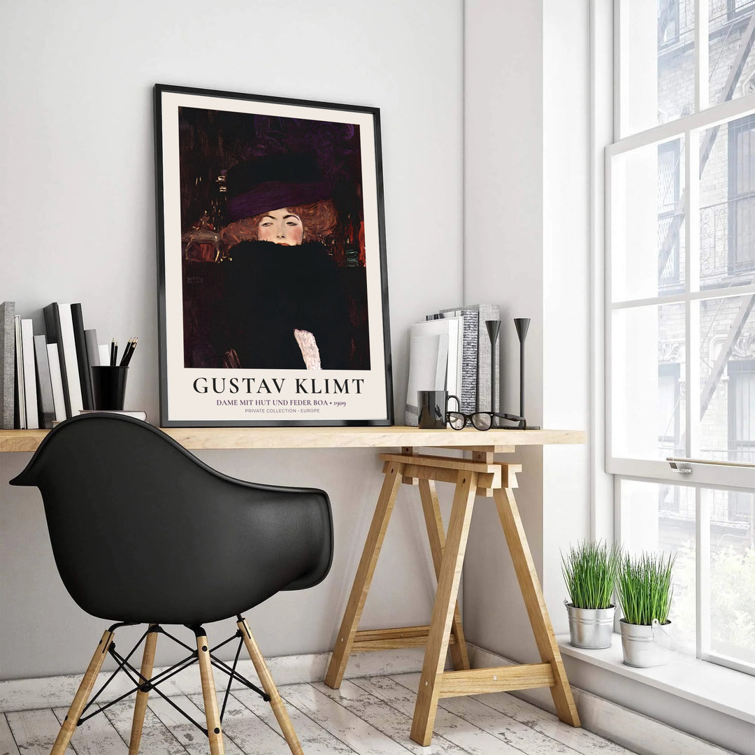 Scenic vintage portrait poster print of Gustav Klimt Dame Mit Hut Und Federboa 1909 set in a Private Collection in Europe. MapYourDreams features high-quality framed wall decor, unframed poster prints, and stretched canvas options ideal for dressing room wall decoration.