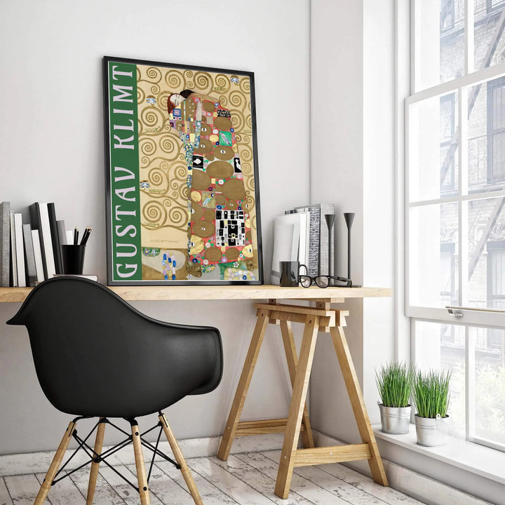 Historical European mosaic print of Gustav Klimt Fulfillment Die Erfullung 1909 featuring an affectionate couple from the Stoclet Palace in Brussels Belgium. Choose custom framed wall art, unframed paper poster prints, or gallery canvas formats at MapYourDreams for a modern gallery wall setup.