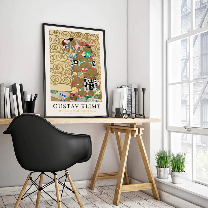 Historical European frieze artwork of Gustav Klimt Fulfillment Die Erfüllung 1909 depicting a couple in an embrace from the Palais Stoclet in Brussels Belgium. Select custom framed wall art, unframed paper poster prints, or gallery canvas formats at MapYourDreams for a curated wall layout.