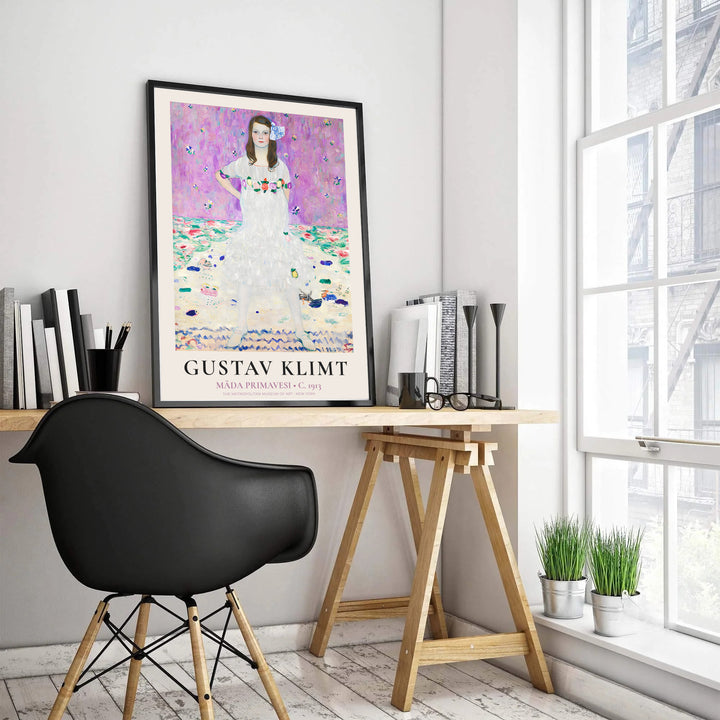 Historical European portrait artwork of Gustav Klimt Mada Primavesi 1913 from The Metropolitan Museum of Art in New York with bottom museum catalog typography. Select custom framed wall art, unframed paper poster prints, or gallery canvas formats at MapYourDreams for an elegant wall layout.