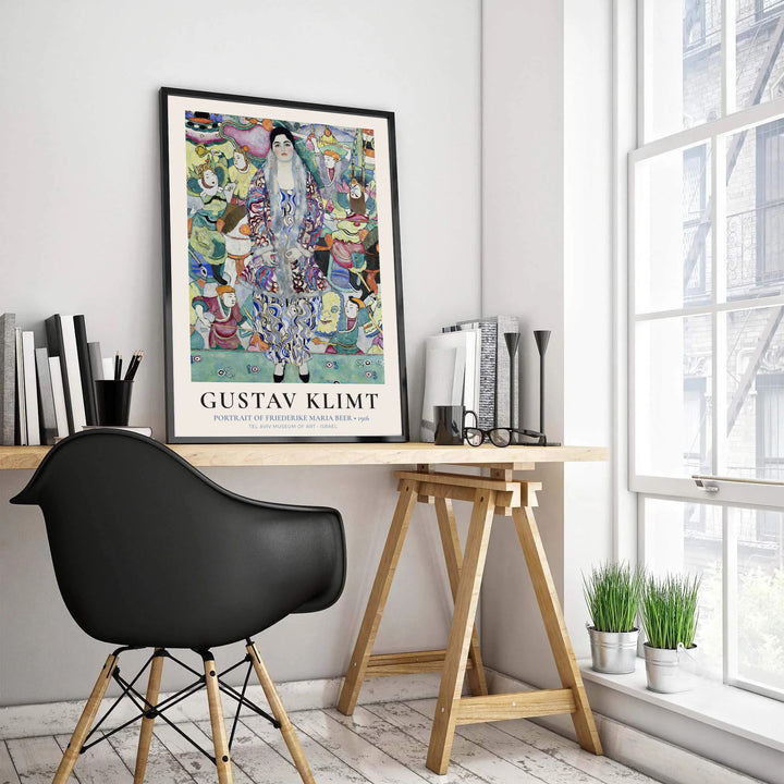 Historical European fine art poster of Gustav Klimt Portrait Of Friederike Maria Beer 1916 from Tel Aviv Museum of Art in Israel with bottom museum exhibit typography. Select custom framed wall art, unframed paper poster prints, or gallery canvas formats at MapYourDreams for an elegant wall layout.
