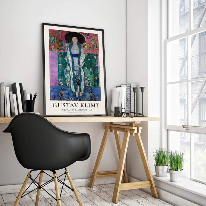 Expressive jewel-toned portrait poster print of Gustav Klimt Portrait Of Ria Munk III 1918 housed at Neue Galerie New York. MapYourDreams features high-quality framed wall decor, unframed poster prints, and stretched canvas options designed for vibrant bedroom and creative office spaces.