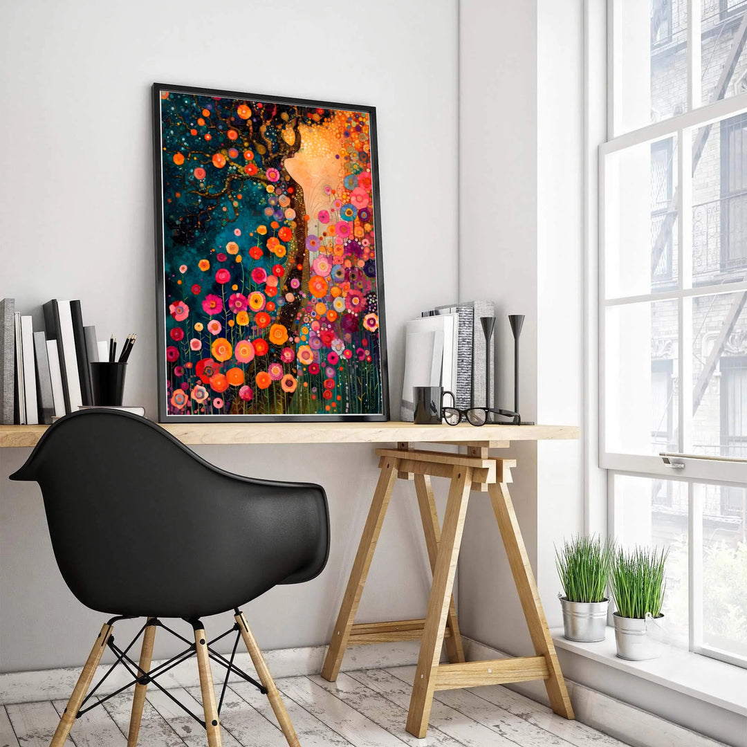 Whimsical tree landscape artwork of Gustav Klimt Style Dream Of Flowers in a magical floral garden with shimmering gold light effects. Select custom framed wall art, unframed paper poster prints, or gallery canvas formats at MapYourDreams for an eye-catching home decor center piece.
