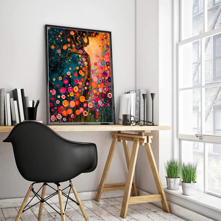 Whimsical tree landscape artwork of Gustav Klimt Style Dream Of Flowers in a magical floral garden with shimmering gold light effects. Select custom framed wall art, unframed paper poster prints, or gallery canvas formats at MapYourDreams for an eye-catching home decor center piece.