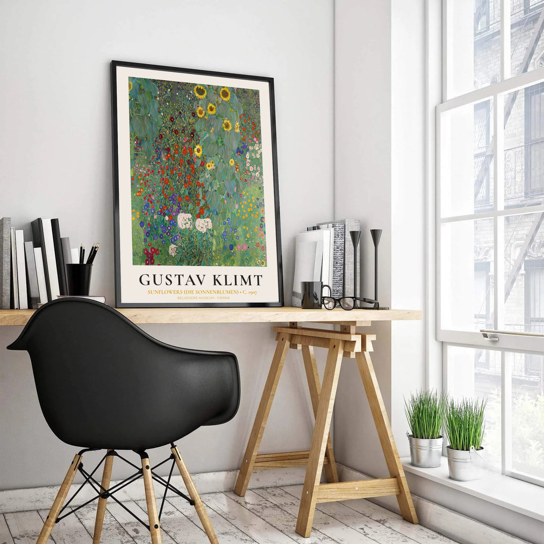 Impressionist botanical meadow wall poster of Gustav Klimt Sunflowers Die Sonnenblumen 1907 from Belvedere Museum Vienna highlighting red poppies and cornflowers. MapYourDreams supplies custom framed paper prints, unframed wall posters, and gallery stretched canvas art for living rooms.