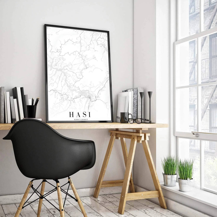 Featuring the native spelling HASI alongside geographic coordinates, this black and white road map print celebrates northern Albania&