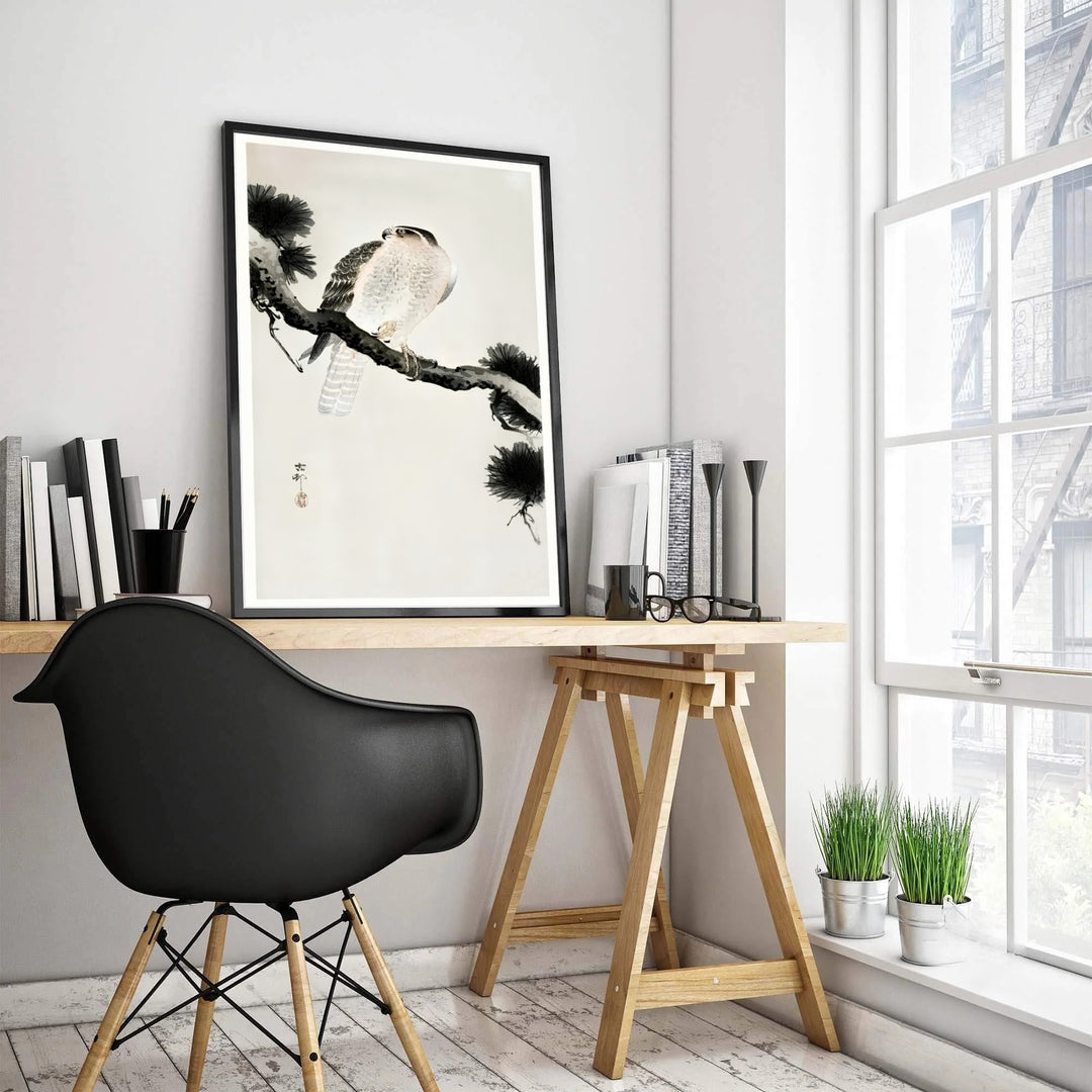 Ohara Koson 1900 1930 Japanese bird print by artist Ohara Koson showcasing a noble hawk and pine needles from Kyoto museum archives. MapYourDreams features high-quality framed, unframed, and stretched canvas print options.