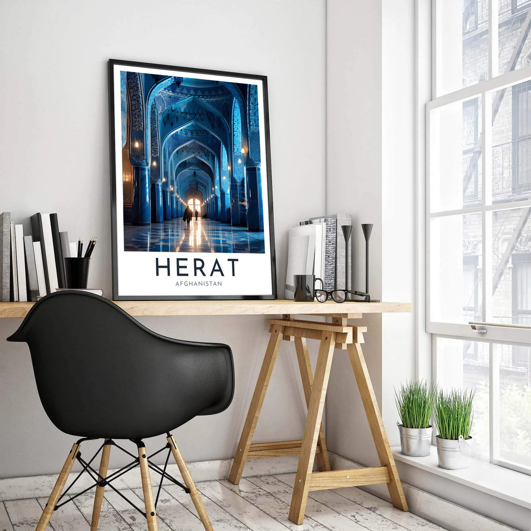 High contrast blue tilework photography poster of the Great Mosque of Herat in Afghanistan, presented by MapYourDreams with selection choices for an unframed paper print, museum canvas wall decor, or framed poster in grey, bronze, and gold frame options.