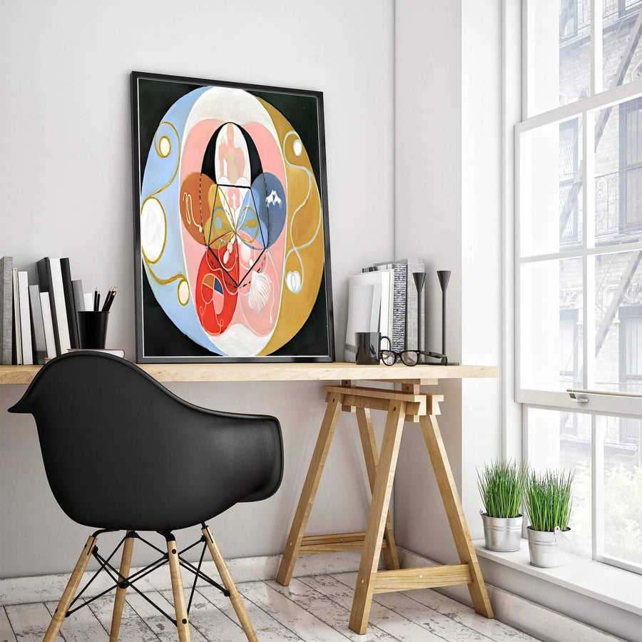 Merging rigorous structural geometry with lyrical spiritual symbolism, this intricate Hilma af Klint Evolution No 14 print brings a sophisticated, avant-garde ambiance to any contemporary interior setting. Offered by MapYourDreams, this artwork is available in flexible options including unframed paper, custom wooden frames, and gallery canvas wraps.