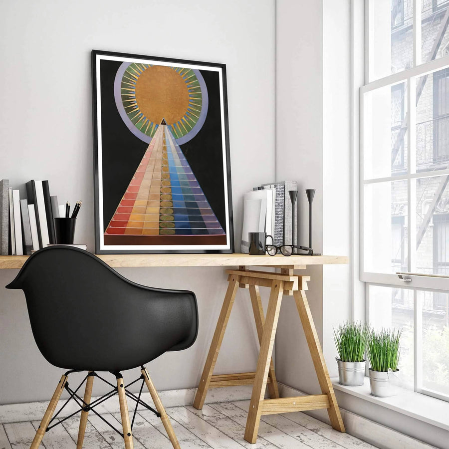 Merging rigorous structural geometry with lyrical spiritual symbolism, this intricate Hilma af Klint Group X Altarpiece print brings a sophisticated, avant-garde ambiance to any contemporary interior setting. Offered by MapYourDreams, this artwork is available in flexible options including unframed paper, custom wooden frames, and gallery canvas wraps.