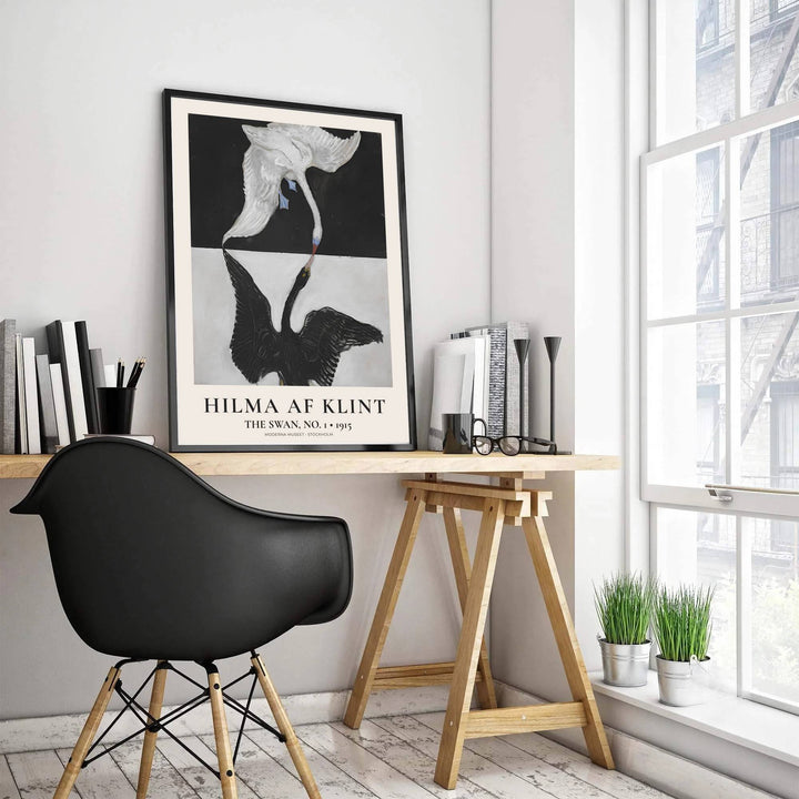 Merging rigorous structural geometry with lyrical spiritual symbolism from the Moderna Museet holdings, this intricate The Swan No 1 1915 print by Hilma af Klint brings sophistication to interiors. Offered by MapYourDreams, this artwork is available in flexible options including unframed paper, custom wooden frames, and gallery canvas wraps.