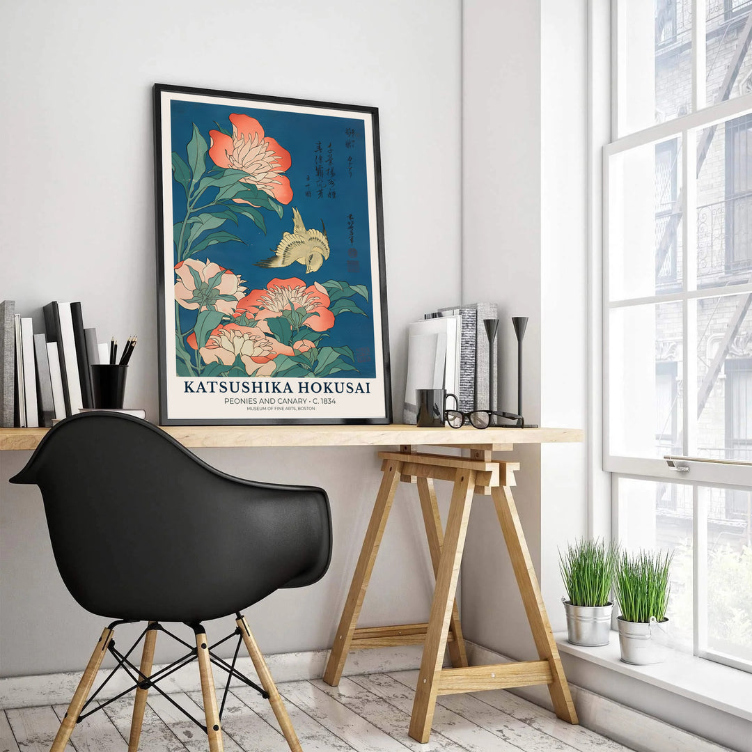 Katsushika Hokusai Japanese floral print Peonies and Canary by artist Katsushika Hokusai showcasing a yellow canary and pink peonies in Boston. MapYourDreams features high-quality framed, unframed, and stretched canvas print options.