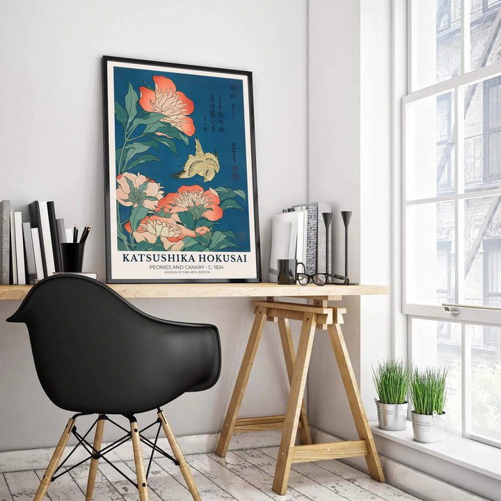 Katsushika Hokusai Japanese floral print Peonies and Canary by artist Katsushika Hokusai showcasing a yellow canary and pink peonies in Boston. MapYourDreams features high-quality framed, unframed, and stretched canvas print options.