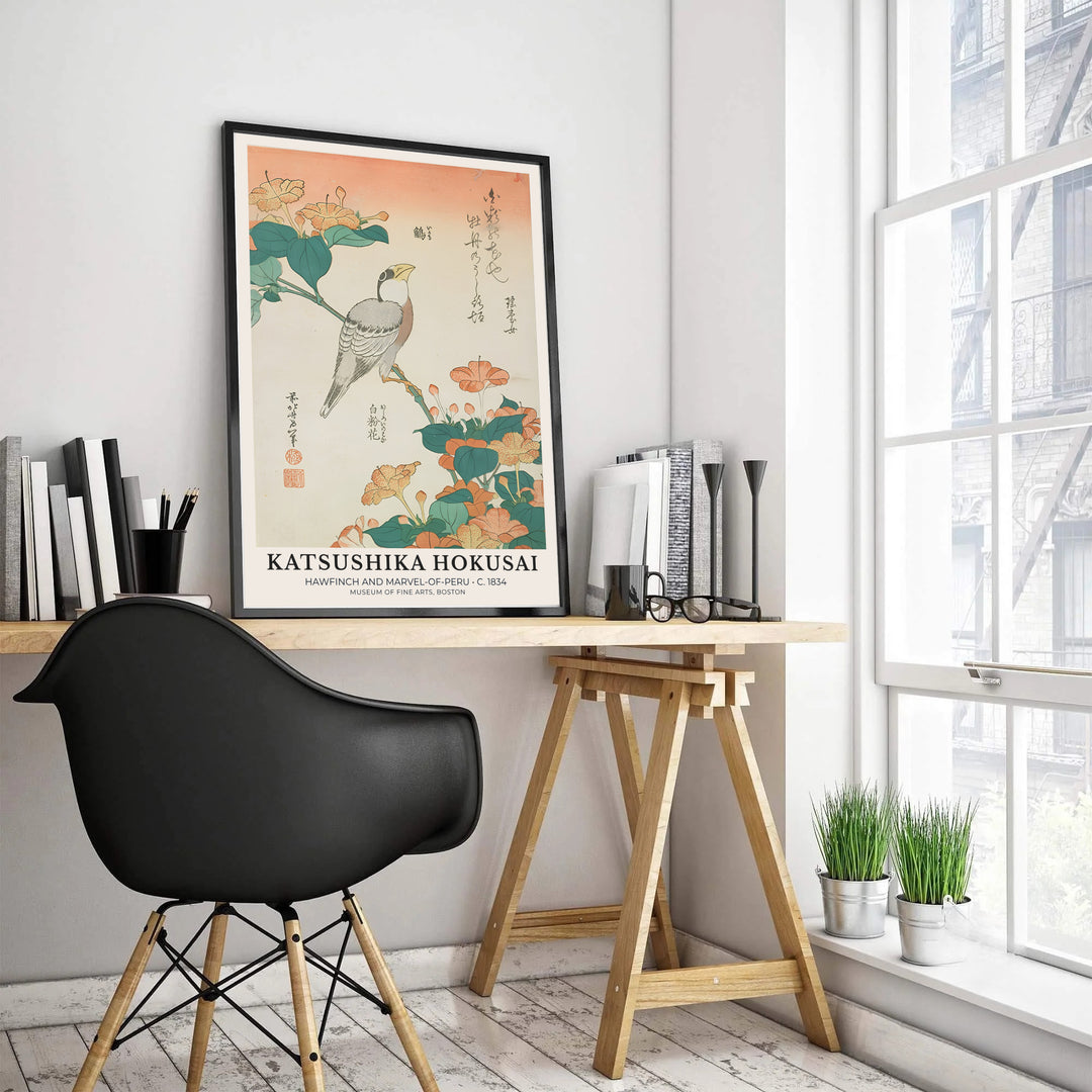 Katsushika Hokusai museum exhibition print Hawfinch and Marvel-of-Peru by artist Katsushika Hokusai showcasing an 1834 hawfinch woodblock print from Boston. MapYourDreams features high-quality framed, unframed, and stretched canvas print options.