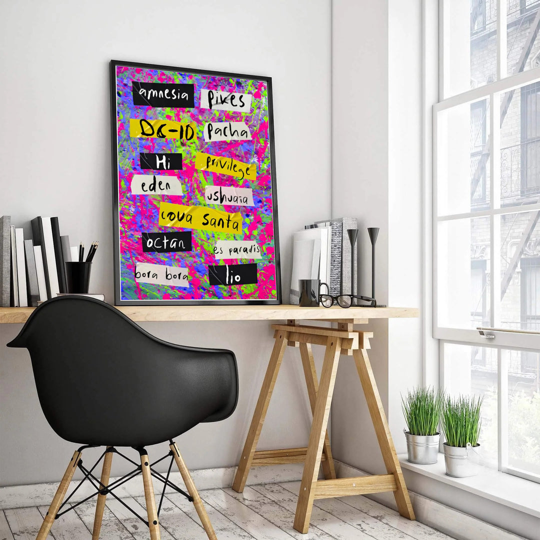 House and techno venue collage poster displaying bold pink and lime green paint splatters across club names in Ibiza, Spain, created by MapYourDreams with available choices spanning unframed paper prints, stretched gallery canvas, and custom frame options in black, white, and natural wood.