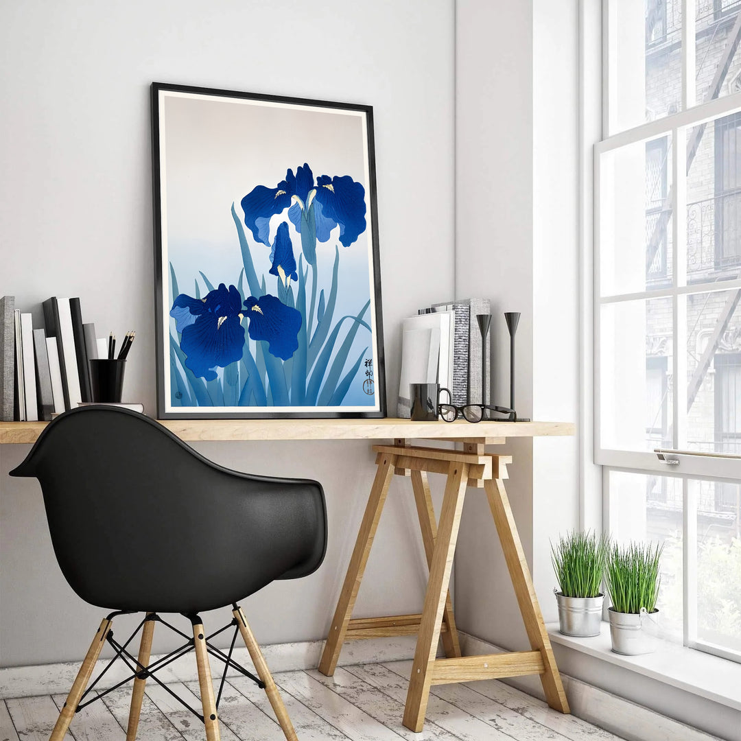Ohara Koson Japanese botanical print by artist Ohara Koson showcasing indigo iris blooms from Kyoto museum archives. MapYourDreams features high-quality framed, unframed, and stretched canvas print options.