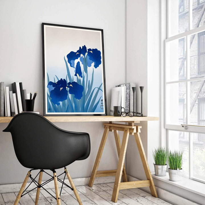 Ohara Koson Japanese botanical print by artist Ohara Koson showcasing indigo iris blooms from Kyoto museum archives. MapYourDreams features high-quality framed, unframed, and stretched canvas print options.