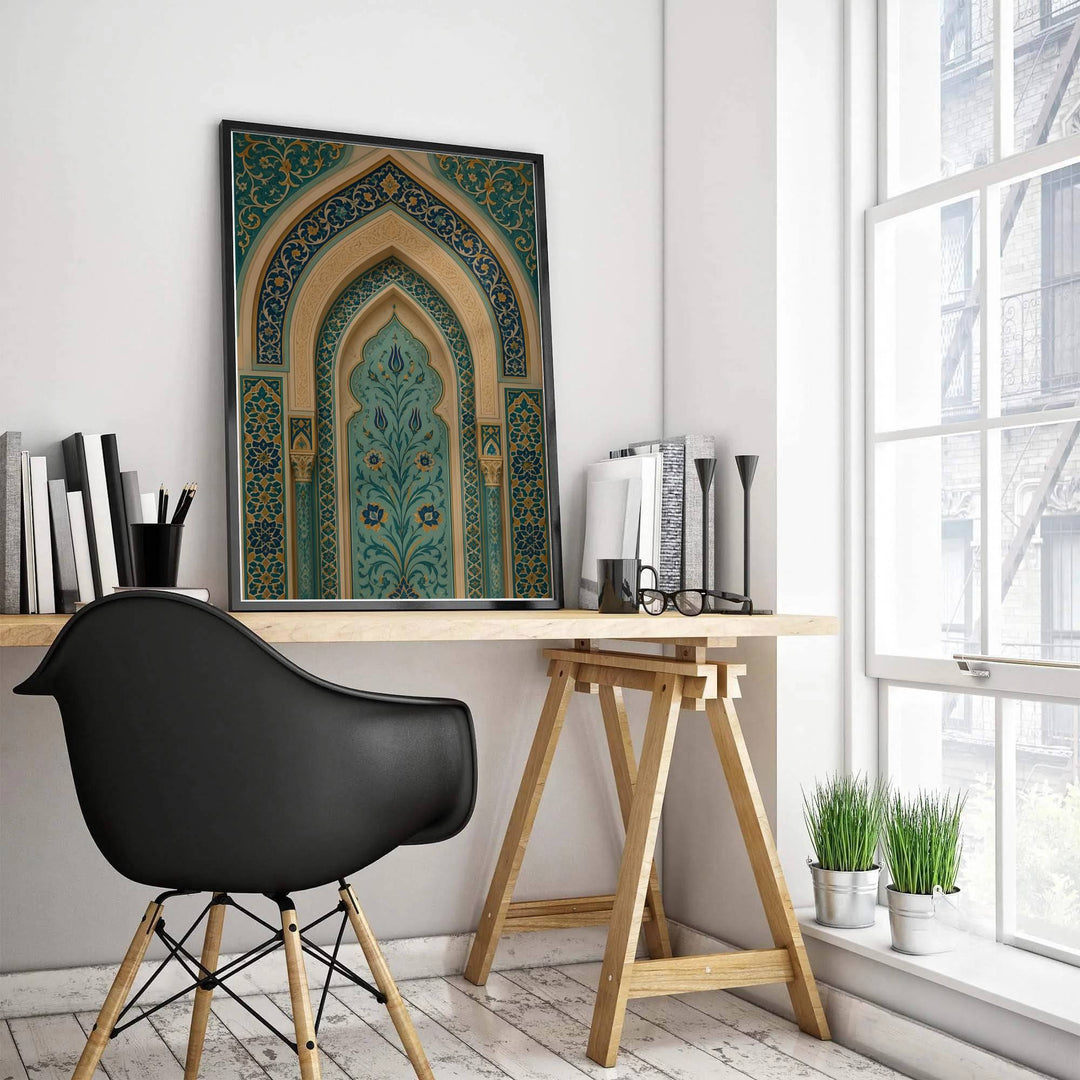 Elegant Ottoman tilework art print depicting a turquoise blue floral archway with gold leaf scrollwork and cream sandstone paneling. Designed by MapYourDreams, this artwork is available in flexible options including unframed paper, custom wooden frames, and gallery canvas wraps for home wall art.