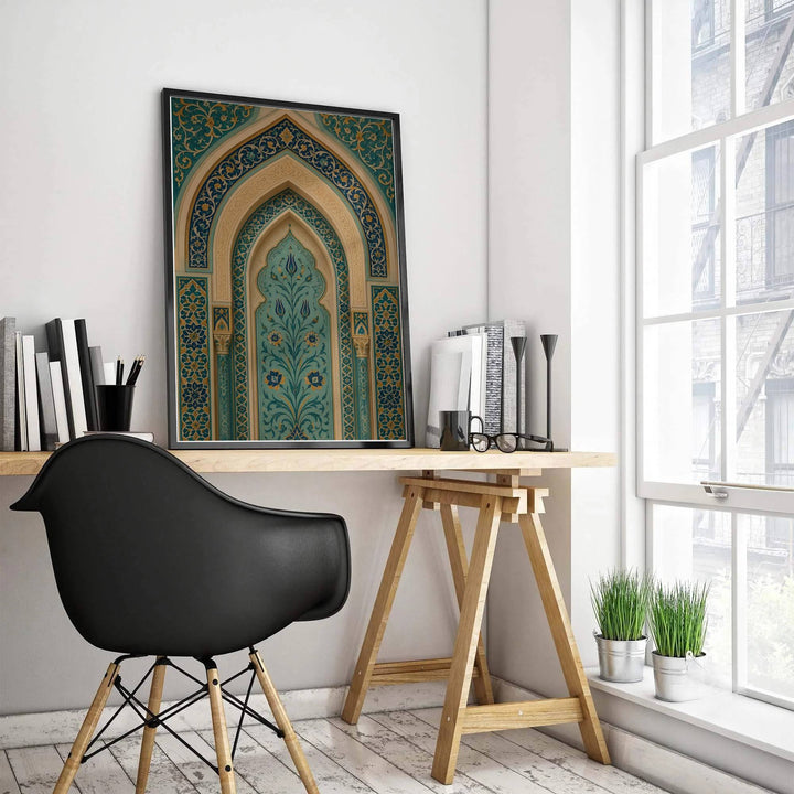 Elegant Ottoman tilework art print depicting a turquoise blue floral archway with gold leaf scrollwork and cream sandstone paneling. Designed by MapYourDreams, this artwork is available in flexible options including unframed paper, custom wooden frames, and gallery canvas wraps for home wall art.