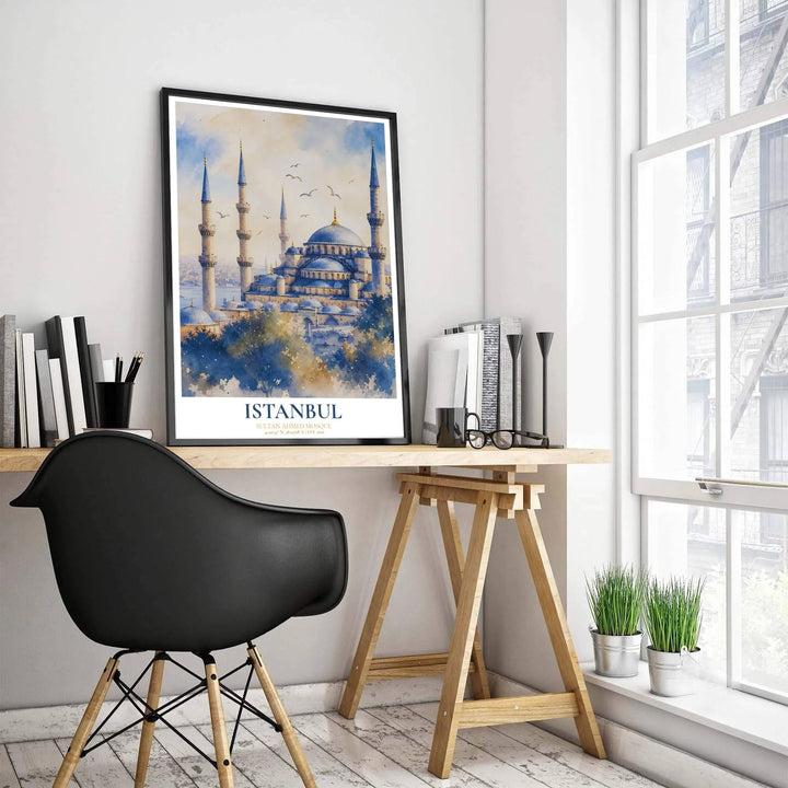 Architectural watercolor poster depicting Sultan Ahmed Mosque in Istanbul framed by lush indigo treetop silhouettes. Produced by MapYourDreams, this artwork is available in flexible options including unframed paper, custom wooden frames, and gallery canvas wraps for office wall decor.