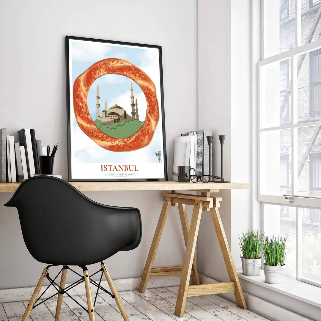 Fine art travel poster of Blue Mosque Istanbul with clean title text and subtitle reading SULTAN AHMED MOSQUE. Provided by MapYourDreams, this artwork is available in flexible options including unframed paper, custom wooden frames, and gallery canvas wraps for contemporary setups.