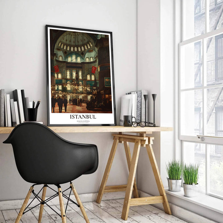 Architectural interior poster depicting Istanbul Hagia Sophia nave framed by majestic marble arches and hanging lights. Produced by MapYourDreams, this artwork is available in flexible options including unframed paper, custom wooden frames, and gallery canvas wraps for office wall decor.