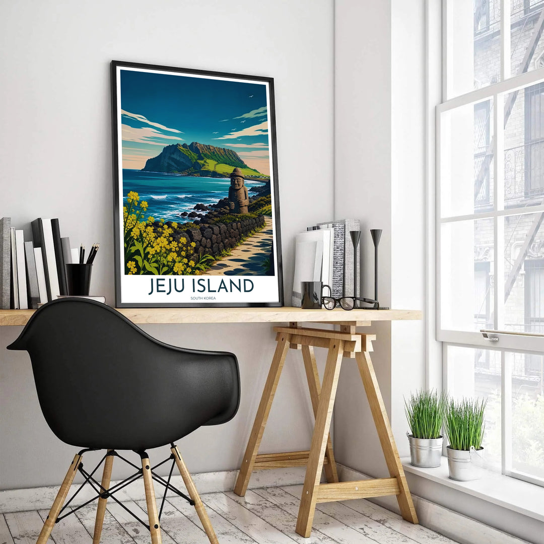 Minimalist vector illustration of Jeju Island, South Korea, highlighting the green slopes of Seongsan Ilchulbong, white crashing ocean waves, and bright yellow canola flowers. Offered by MapYourDreams, this artwork is available in flexible options including unframed paper, custom wooden frames, and gallery canvas wraps.