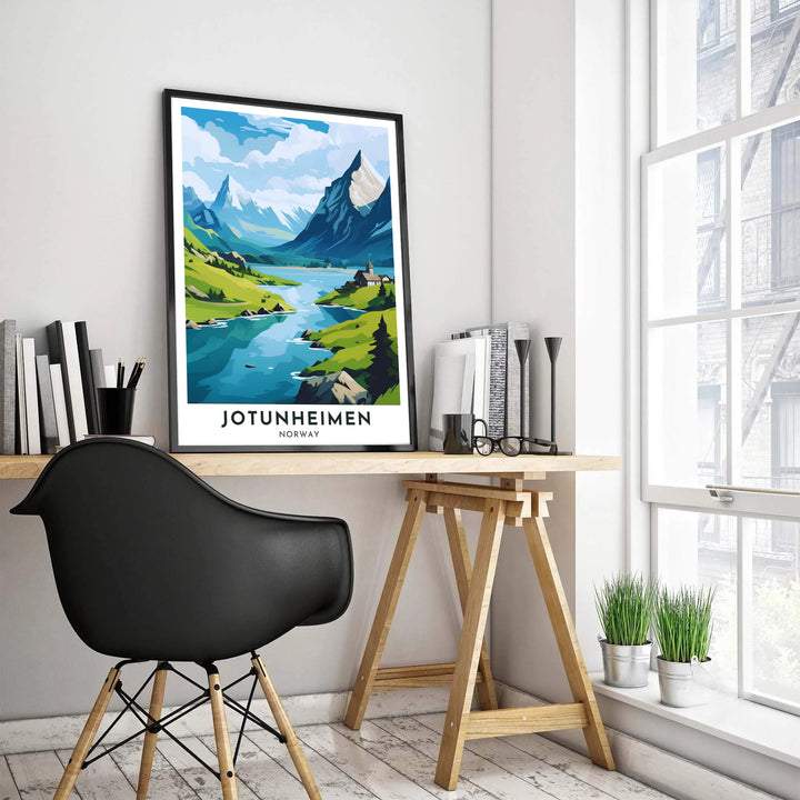 Bright vector landscape illustration of Jotunheimen Norway showing a mountain valley chapel, river, and dramatic peak heights. Enhance your living area layout with this versatile travel decor piece, available in custom wood framed styles, gallery quality stretched canvas panels, and unframed poster paper options.