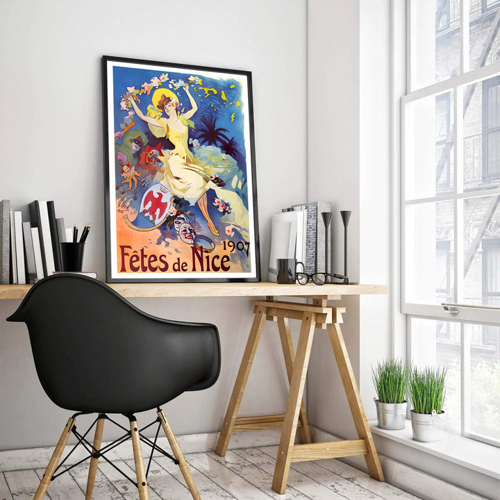 Jules Chéret French Riviera advertisement poster Fêtes De Nice by artist Jules Chéret featuring vivid yellow and blue tones in Nice France. MapYourDreams features high-quality framed, unframed, and stretched canvas print choices.