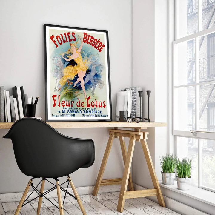 Jules Chéret French theater advertisement poster Folies Bergère Fleur De Lotus by artist Jules Chéret featuring red typography in Paris France. MapYourDreams features high-quality framed, unframed, and stretched canvas print choices.