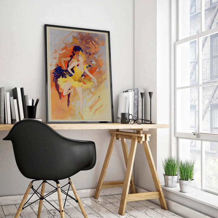 Historic French theatrical poster La Danse by artist Jules Chéret from 1891 showcasing dancer silhouettes set in Paris France. Select framed, unframed poster, or gallery canvas choices at MapYourDreams.