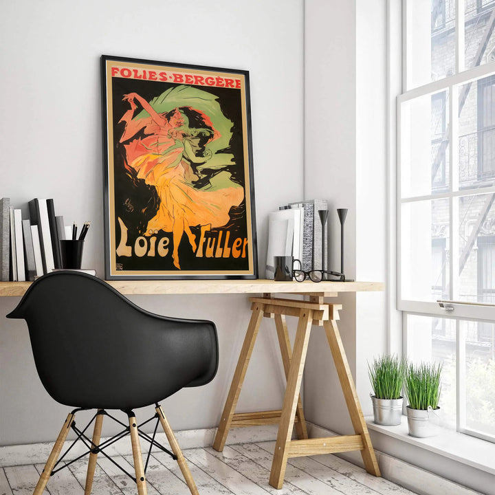 Vintage French Art Nouveau travel poster style print Loïe Fuller Folies Bergère by artist Jules Chéret showing coral silk veils in Paris France. MapYourDreams offers custom fine art framed, unframed, and canvas print formats.