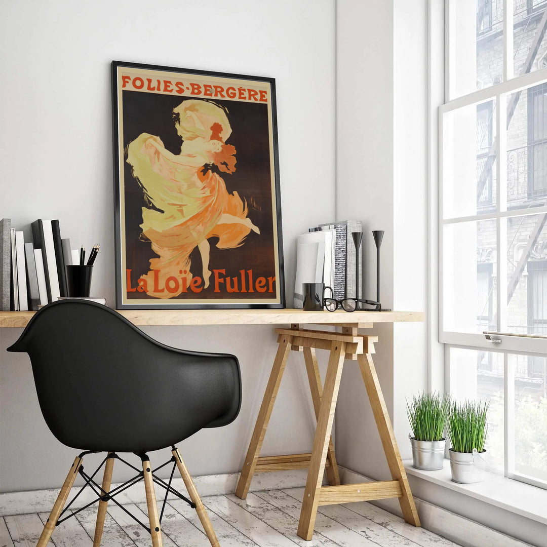 French travel and theater advertisement poster La Loïe Fuller Folies Bergère by artist Jules Chéret depicting a Chérette figure in Paris France. MapYourDreams supplies framed, unframed, and canvas poster options for wall decor.