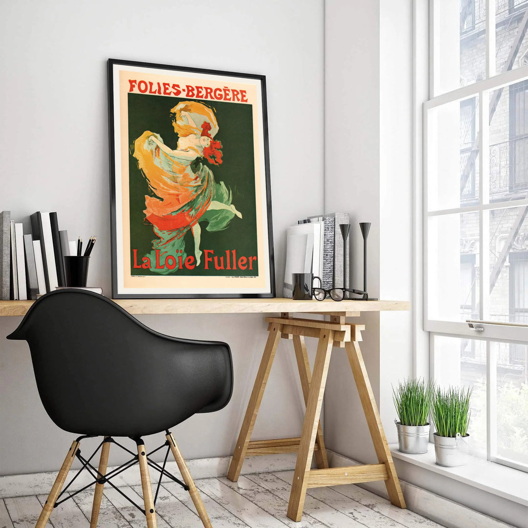 Jules Chéret French theater advertisement poster Folies Bergère La Loïe Fuller by artist Jules Chéret featuring red typography in Paris France. MapYourDreams features high-quality framed, unframed, and stretched canvas print choices.