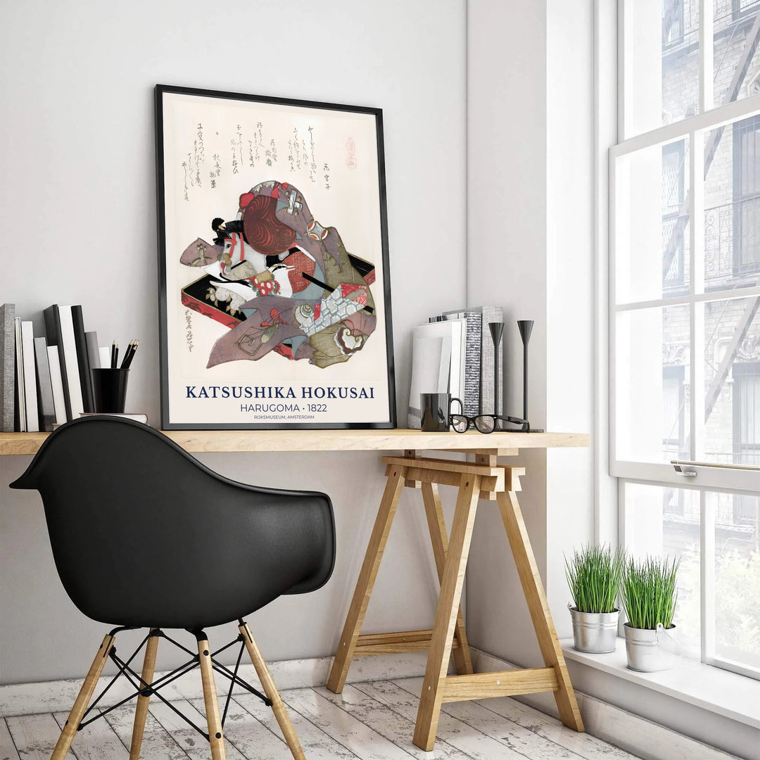 Delicate Japanese New Year Surimono print by artist Katsushika Hokusai inspired by historic Edo designs in Amsterdam for living room wall decor. Select custom framed, unframed poster, or gallery canvas choices at MapYourDreams.