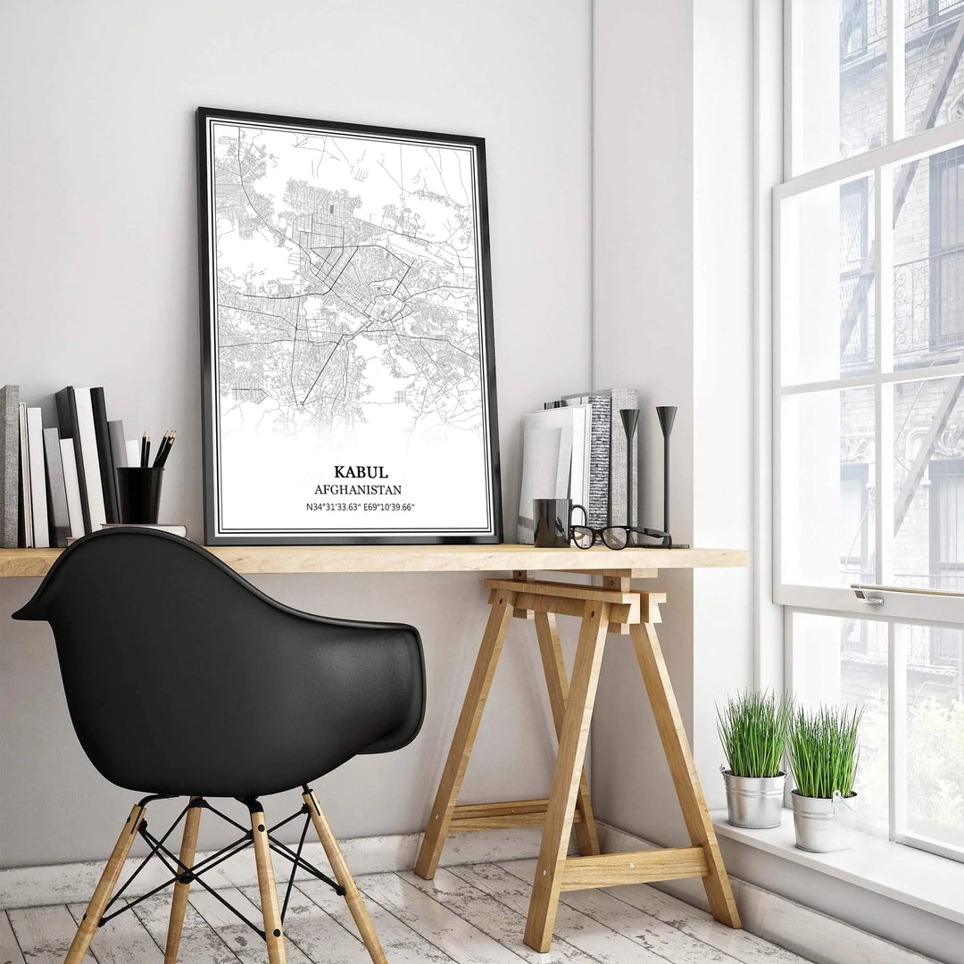High contrast black and white vector map poster of Kabul city infrastructure and surrounding valleys in Afghanistan, presented by MapYourDreams with selection choices for an unframed paper print, museum canvas wall decor, or framed poster in grey, bronze, and gold frame options.
