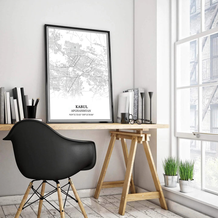 High contrast black and white vector map poster of Kabul city infrastructure and surrounding valleys in Afghanistan, presented by MapYourDreams with selection choices for an unframed paper print, museum canvas wall decor, or framed poster in grey, bronze, and gold frame options.