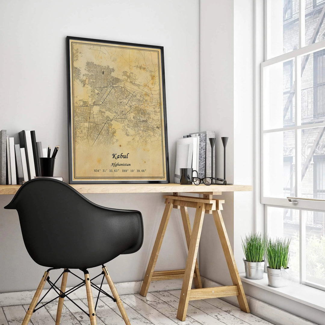 Vintage parchment geographic line map print of Kabul Afghanistan with double border matting and calligraphic script text, offered by MapYourDreams as an unframed fine art poster, stretched canvas print wall art, or custom framed print in retro black and natural frames for libraries.