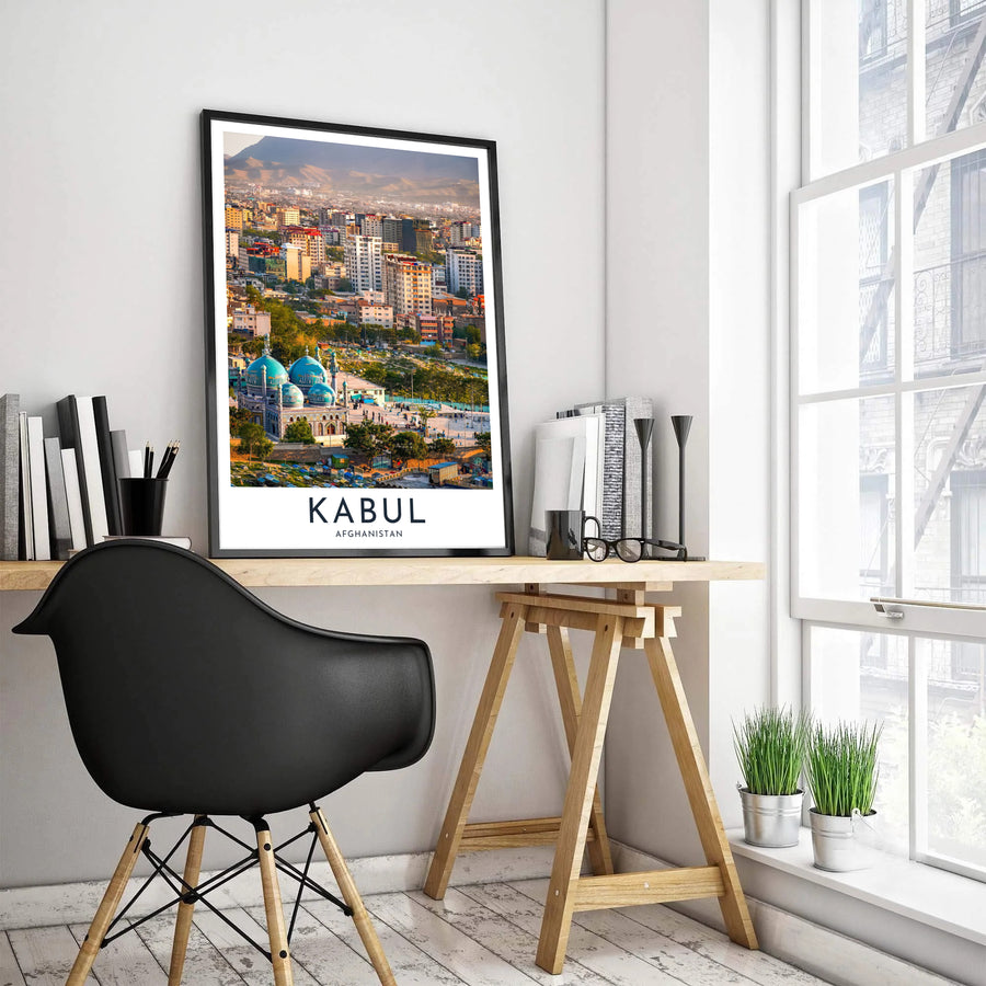 Vibrant Blue Mosque architectural photo poster of Kabul Afghanistan with modern city buildings and mountain scenery, available at MapYourDreams as an unframed fine art print, stretched gallery canvas, or framed wall decor in retro black and natural frames for bedroom display.