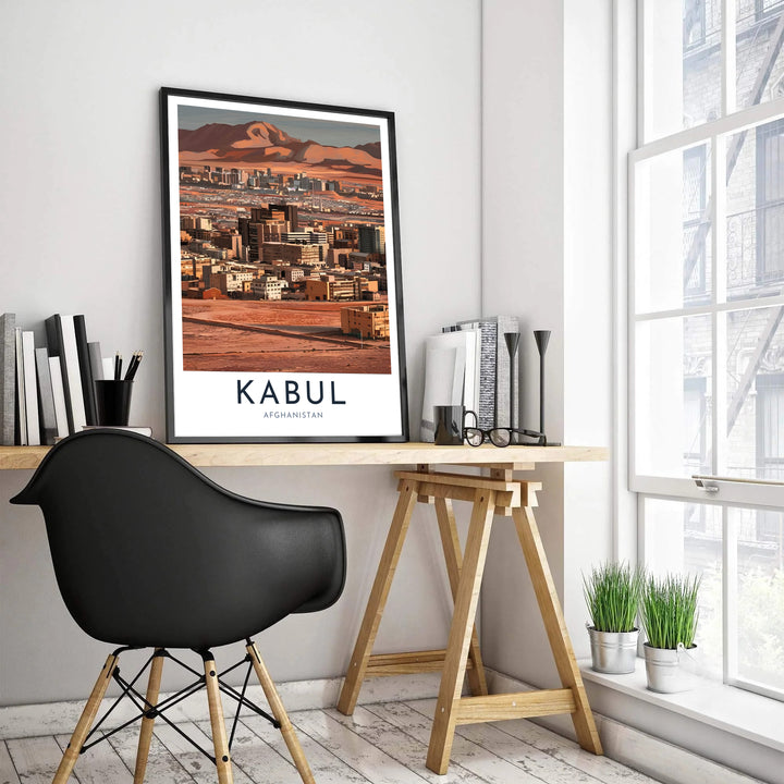Minimalist exhibition travel poster of Kabul Afghanistan with stylized city architecture and dusty peach skies, available at MapYourDreams as an unframed fine art print, stretched gallery canvas, or framed wall decor in retro black and natural frames for bedroom display.