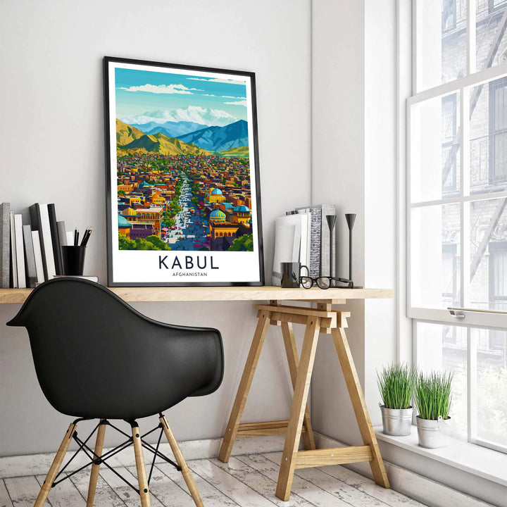 Colorful urban landscape poster of Kabul Afghanistan capturing traditional buildings and distant alpine Hindu Kush mountains, offered by MapYourDreams with selection options for an unframed paper print, ready to hang canvas wall art, or custom framed poster in grey, bronze, and gold frame finishes.