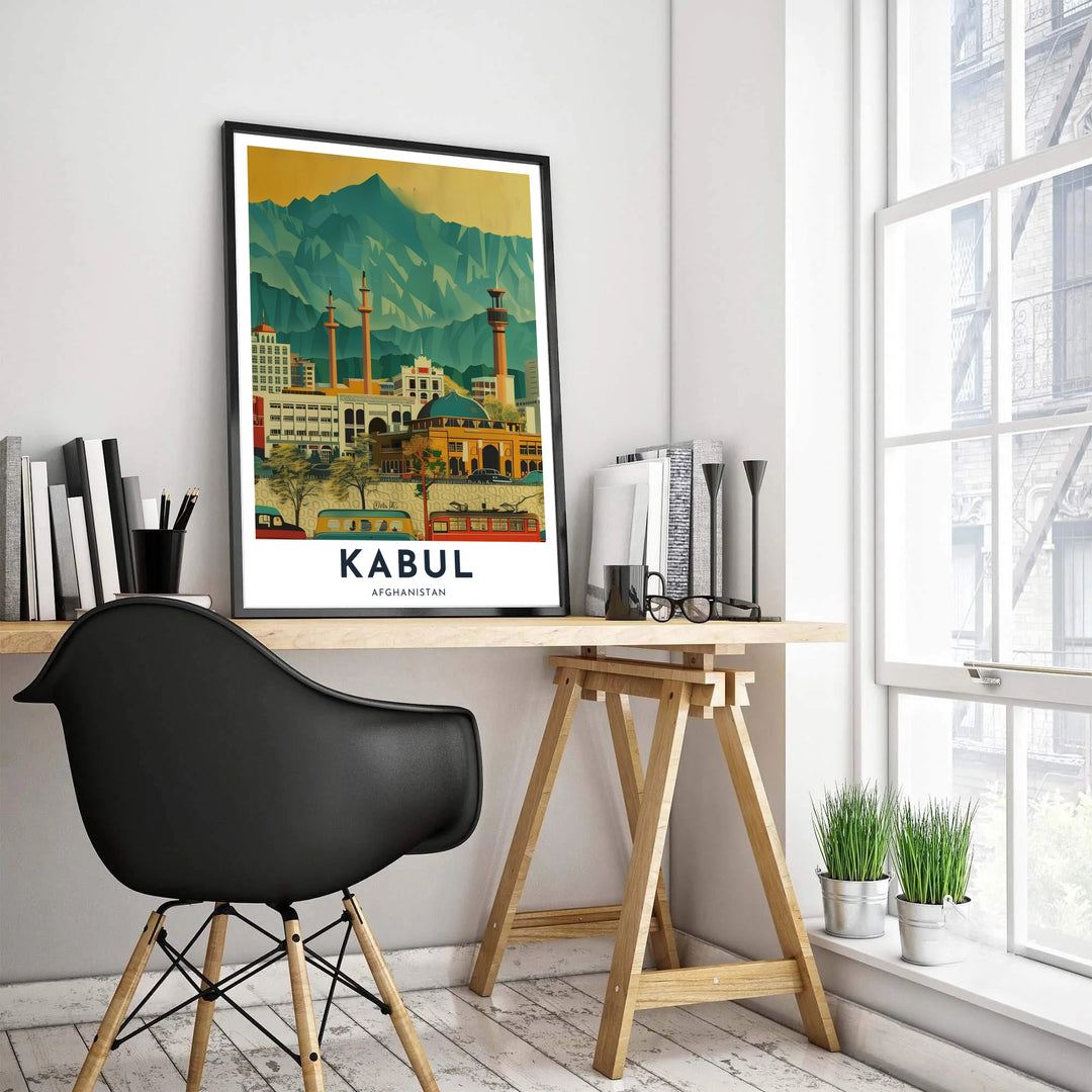 Illustrated cityscape travel print featuring retro city buses, warm yellow skies, and emerald mountain slopes in Kabul, Afghanistan. Available at MapYourDreams as an unframed art print, a stretched canvas wall art piece, or a custom framed poster in natural wood moulding for rustic decor themes.