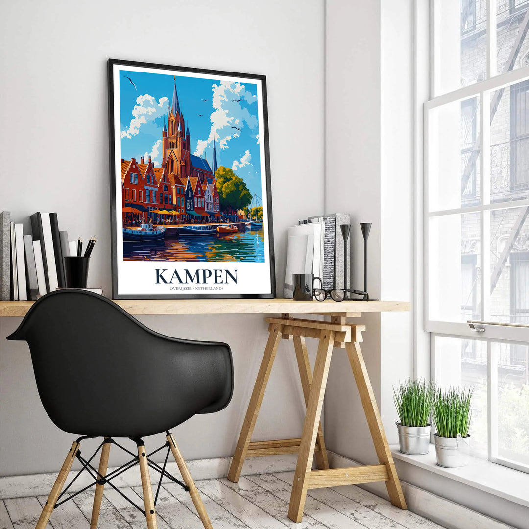 Scenic Dutch Hanseatic town travel poster featuring Kampen Overijssel Netherlands with blue skies and soaring seagulls, offered by MapYourDreams where shoppers can select unframed paper prints, stretched canvas wall decor, or custom frame choices in black, white, and natural wood finishes.