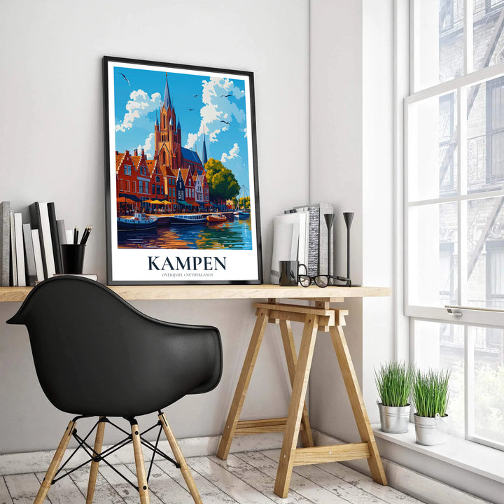 Scenic Dutch Hanseatic town travel poster featuring Kampen Overijssel Netherlands with blue skies and soaring seagulls, offered by MapYourDreams where shoppers can select unframed paper prints, stretched canvas wall decor, or custom frame choices in black, white, and natural wood finishes.