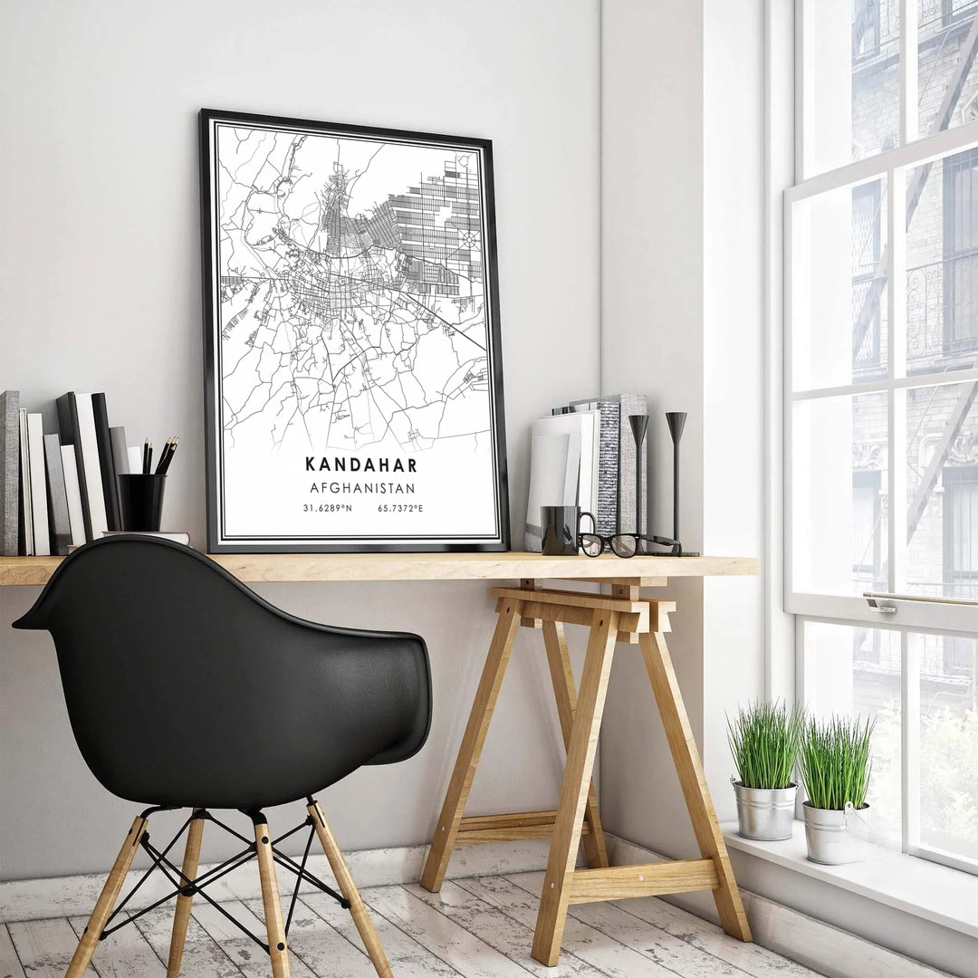 High-contrast vector map poster depicting the detailed road network of Kandahar, Afghanistan, on a clean white background. MapYourDreams provides custom options, including an unframed paper print, a ready-to-hang canvas wall art piece, or a framed poster in grey, bronze, and gold frame finishes.
