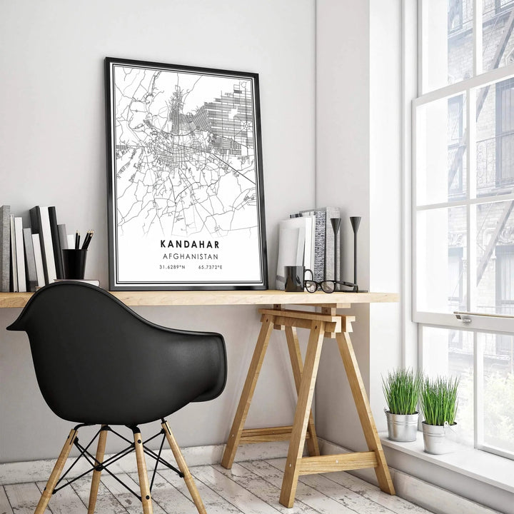 High-contrast vector map poster depicting the detailed road network of Kandahar, Afghanistan, on a clean white background. MapYourDreams provides custom options, including an unframed paper print, a ready-to-hang canvas wall art piece, or a framed poster in grey, bronze, and gold frame finishes.
