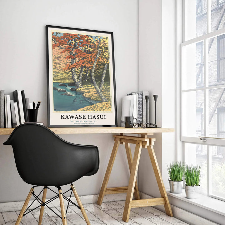 Kawase Hasui museum exhibition poster Autumn at Oirase by artist Kawase Hasui featuring teal river waters and yellow leaves at Oirase Mountain Stream. MapYourDreams features high-quality framed, unframed, and stretched canvas print choices.