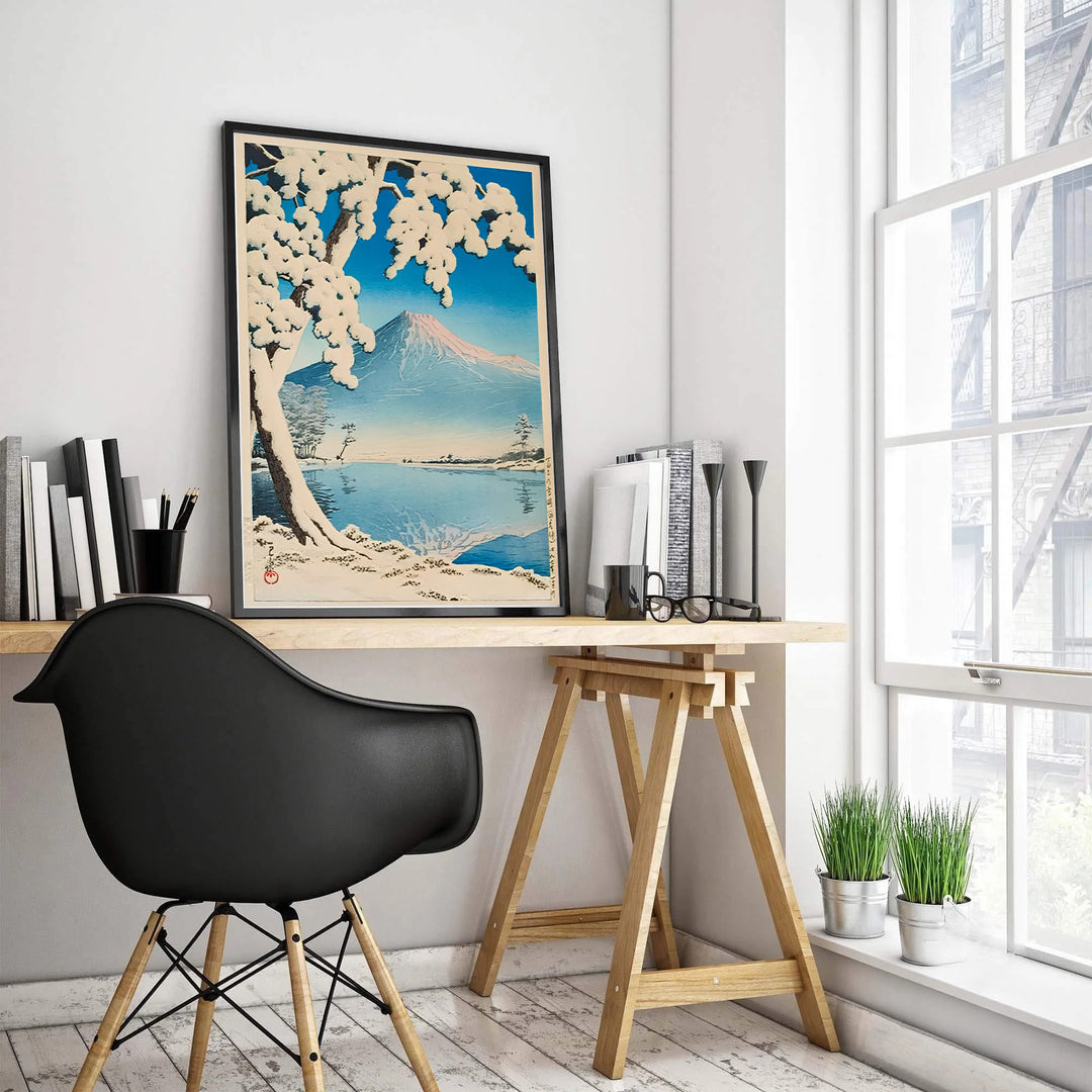 Kawase Hasui museum exhibition poster Lake Kawaguchi by artist Kawase Hasui featuring snow-dusted Mount Fuji under a bright blue sky at Lake Kawaguchi. MapYourDreams features high-quality framed, unframed, and stretched canvas print choices.